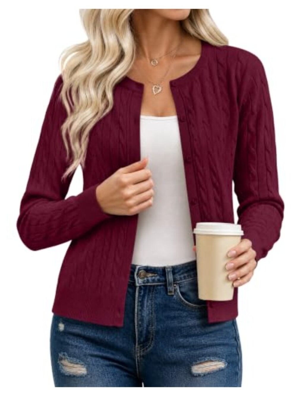 Cable Knit Cardigan Sweater Lightweight Button-Up Crew Neck